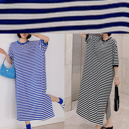 Style Blue Striped Tunic Dress O Neck Side Open Dresses
