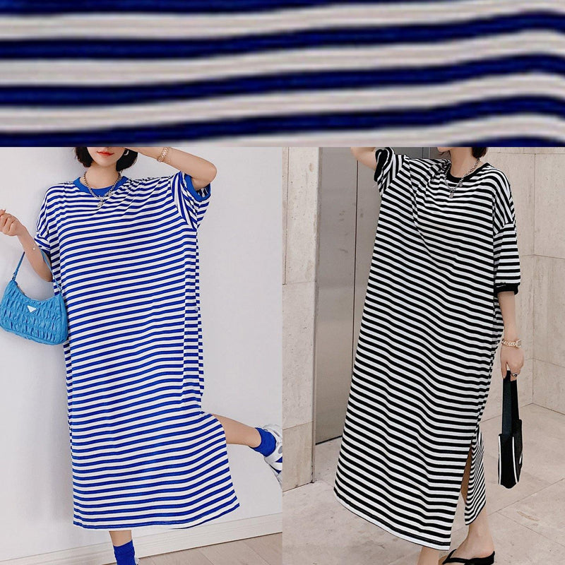 Style Blue Striped Tunic Dress O Neck Side Open Dresses