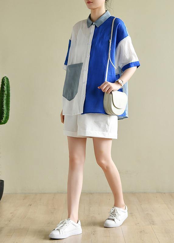 Style Blue White Patchwork Blouse Lapel Pockets Tunic Summer Tops