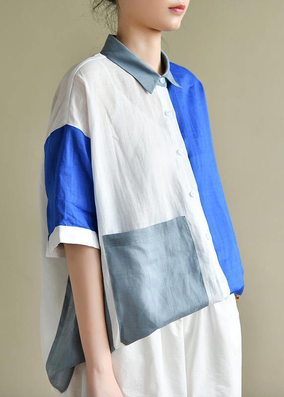 Style Blue White Patchwork Blouse Lapel Pockets Tunic Summer Tops