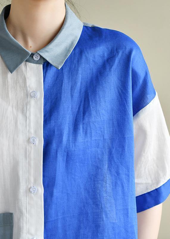 Style Blue White Patchwork Blouse Lapel Pockets Tunic Summer Tops