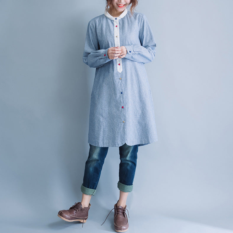 Style Blue White Striped Cotton Tunic Pattern Mom Tunic Tops O Neck Baggy Spring Dress