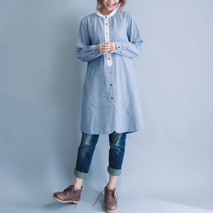 Style Blue White Striped Cotton Tunic Pattern Mom Tunic Tops O Neck Baggy Spring Dress