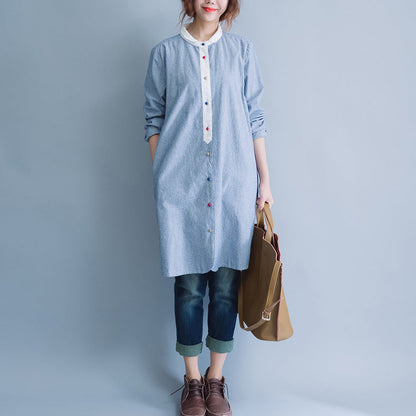 Style Blue White Striped Cotton Tunic Pattern Mom Tunic Tops O Neck Baggy Spring Dress