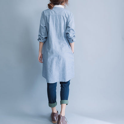 Style Blue White Striped Cotton Tunic Pattern Mom Tunic Tops O Neck Baggy Spring Dress
