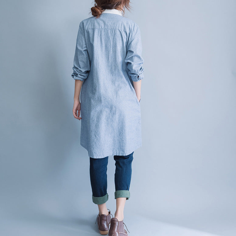 Style Blue White Striped Cotton Tunic Pattern Mom Tunic Tops O Neck Baggy Spring Dress