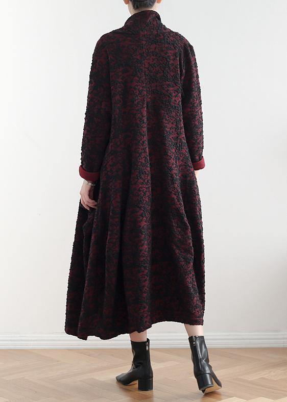 Style Burgundy Jacquard Fine Clothes Pattern Asymmetric Coats