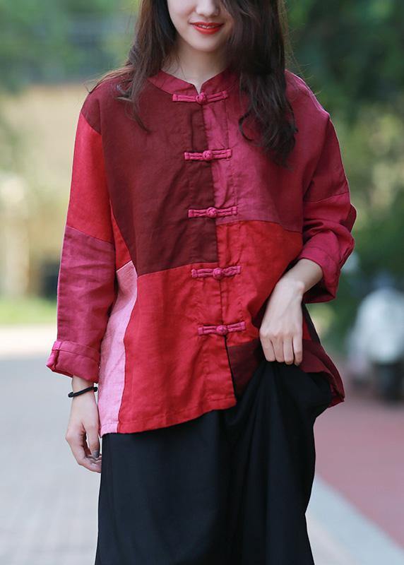 Style Burgundy Tunic Stand Collar Patchwork Daily Top