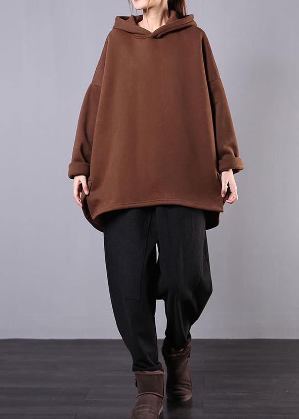 Style Chocolate Cotton Clothes for Hooded Low High Design Baggy Blouses