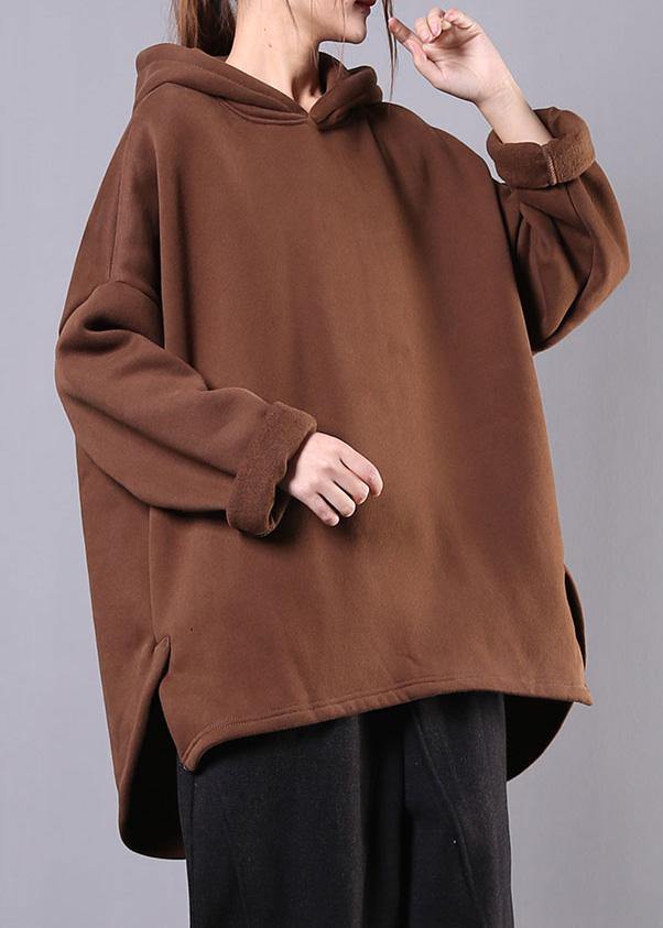 Style Chocolate Cotton Clothes for Hooded Low High Design Baggy Blouses