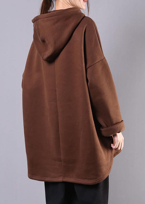 Style Chocolate Cotton Clothes for Hooded Low High Design Baggy Blouses