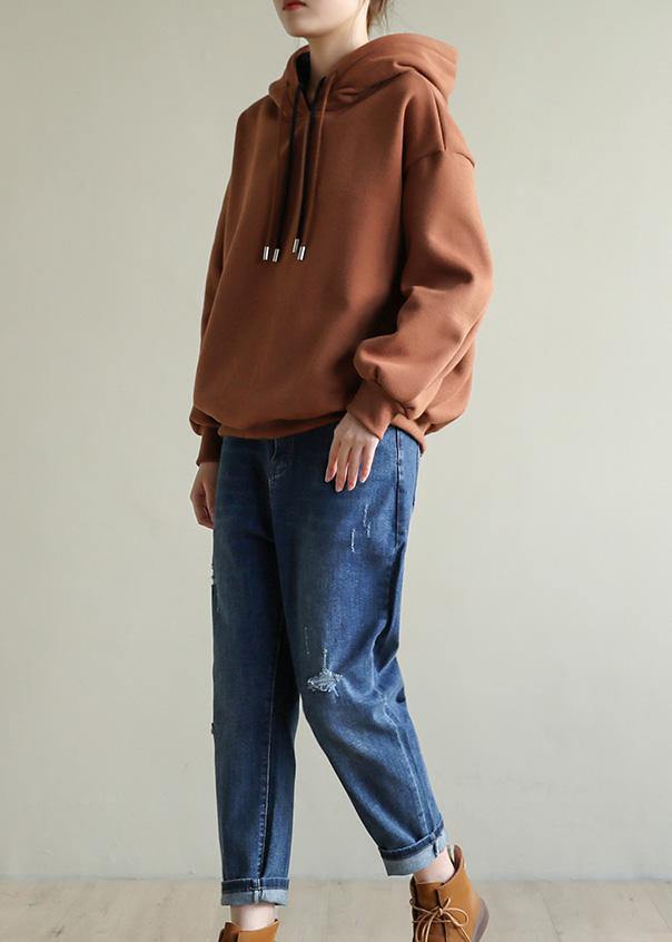 Style chocolate cotton top silhouette wild box Double-layer hooded tops