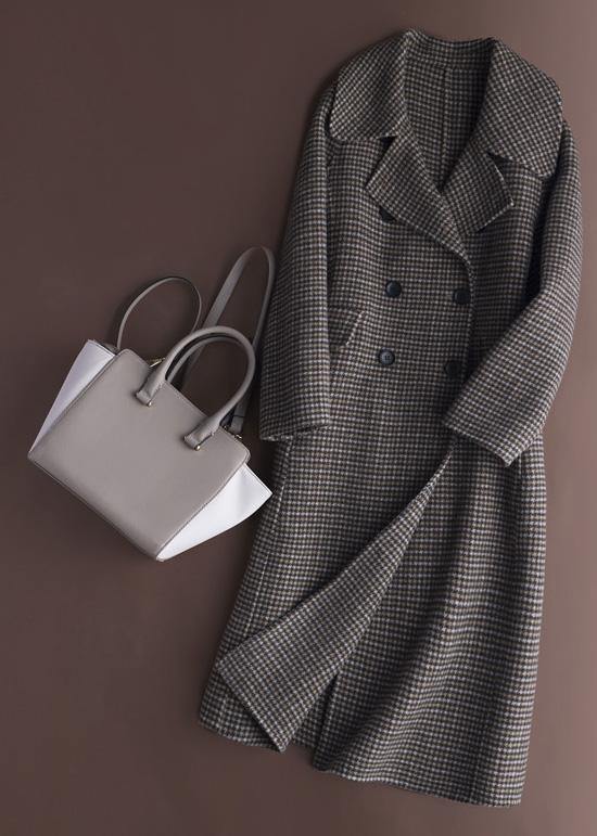 Style Chocolate Plaid Coat Outfits Notched Double Breast Jackets