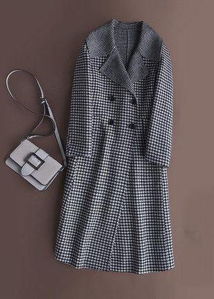 Style Chocolate Plaid Coat Outfits Notched Double Breast Jackets