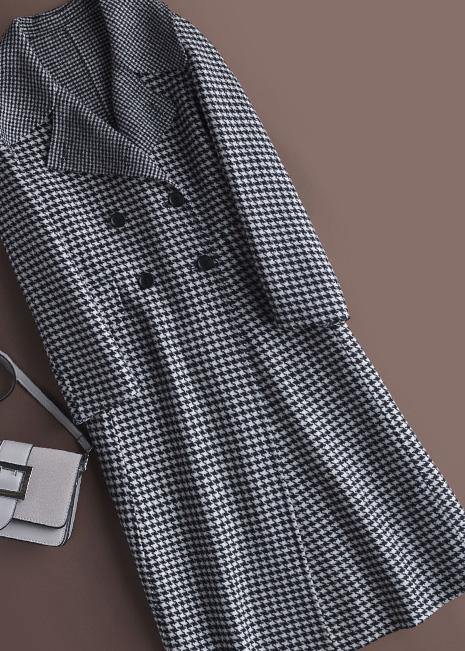 Style Chocolate Plaid Coat Outfits Notched Double Breast Jackets