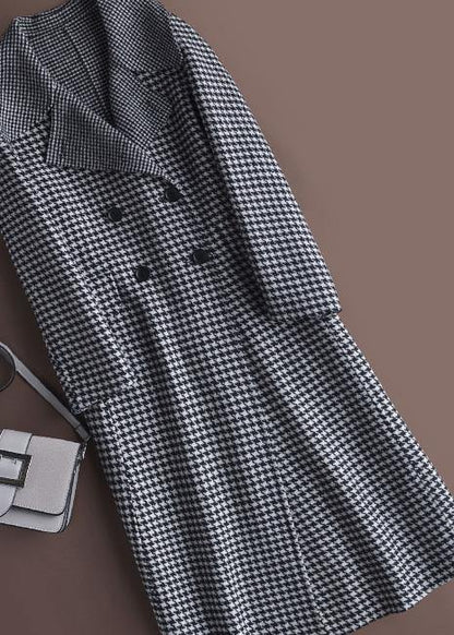 Style Chocolate Plaid Coat Outfits Notched Double Breast Jackets