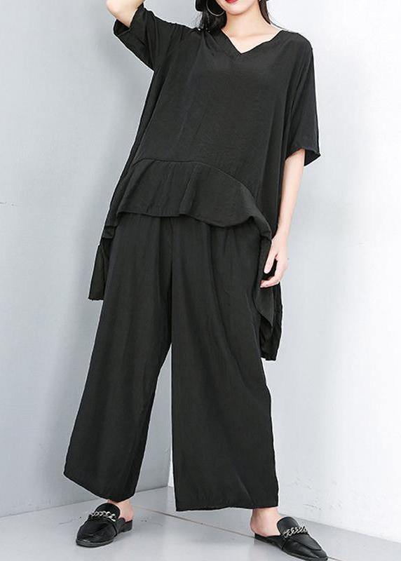 Style Cotton Korea Summer Pure Color Irregular Blouse and Wide Leg Pants
