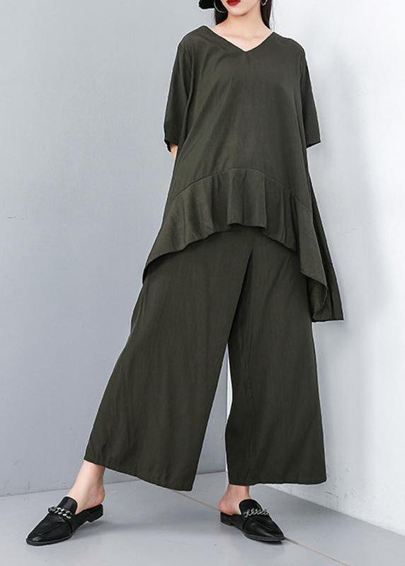 Style Cotton Korea Summer Pure Color Irregular Blouse and Wide Leg Pants