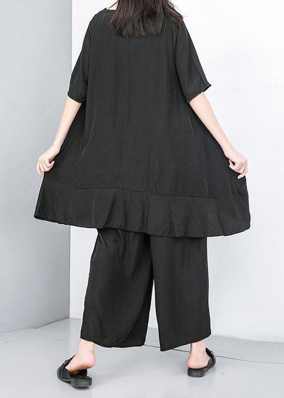 Style Cotton Korea Summer Pure Color Irregular Blouse and Wide Leg Pants