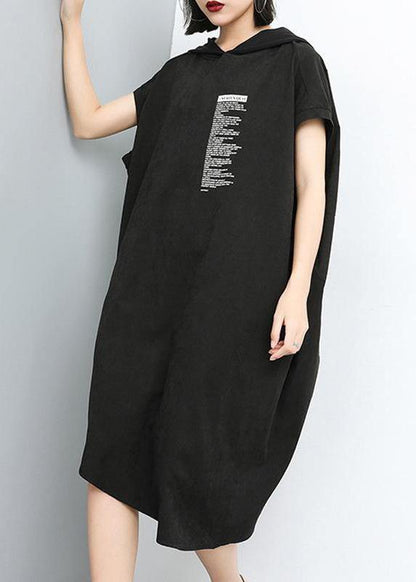 Style Cotton Clothes for Hooded Print Irregular Short Sleeve Dress