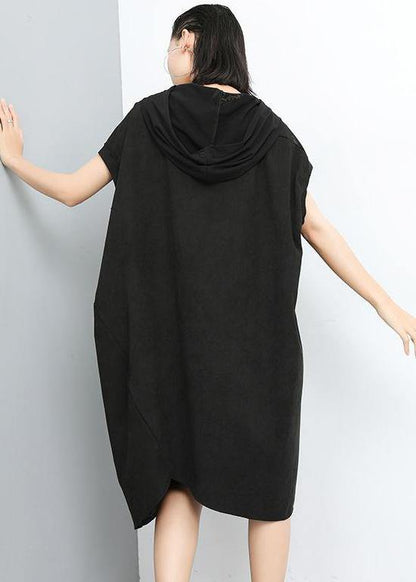 Style Cotton Clothes for Hooded Print Irregular Short Sleeve Dress