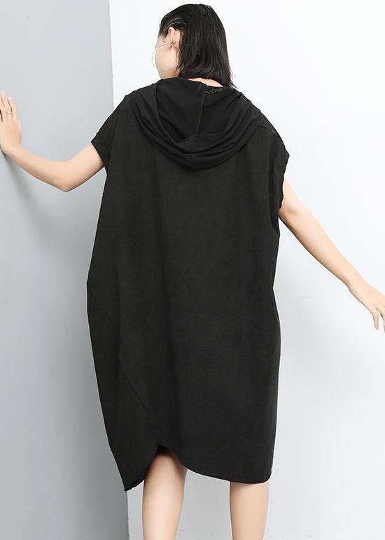 Style Cotton Clothes for Hooded Print Irregular Short Sleeve Dress