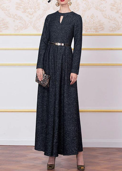 Style Dark Blue Wool Blended Clothes for Big Hem Cotton Winter Dress