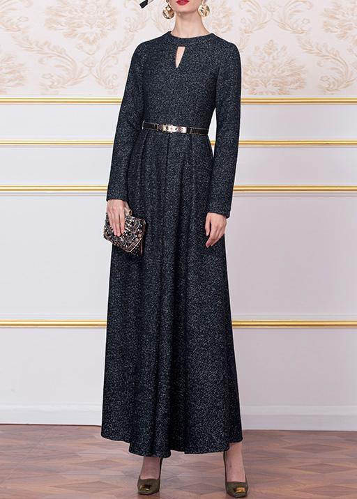 Style Dark Blue Wool Blended Clothes for Big Hem Cotton Winter Dress