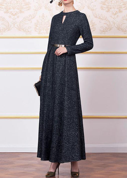 Style Dark Blue Wool Blended Clothes for Big Hem Cotton Winter Dress