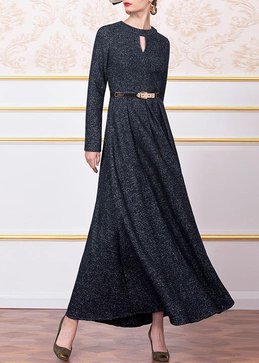 Style Dark Blue Wool Blended Clothes for Big Hem Cotton Winter Dress