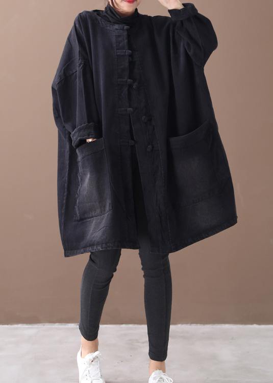 Style Denim Black Fine Clothes for O Neck Chinese Button Outwear
