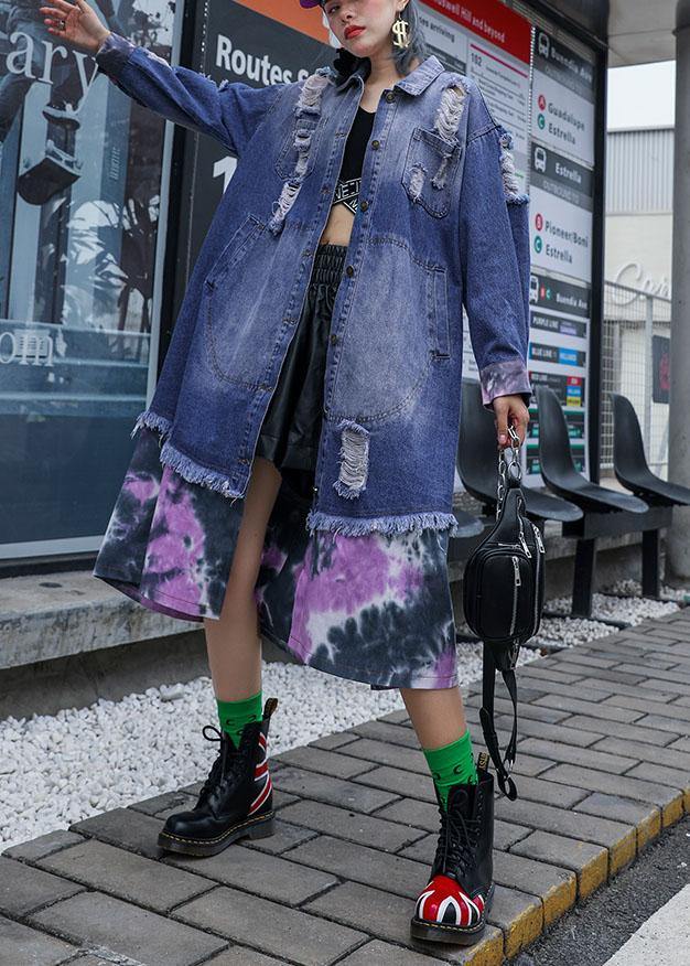 Style Denim Blue Patchwork Fine Tunics for Fabrics Ripped Fall Jackets