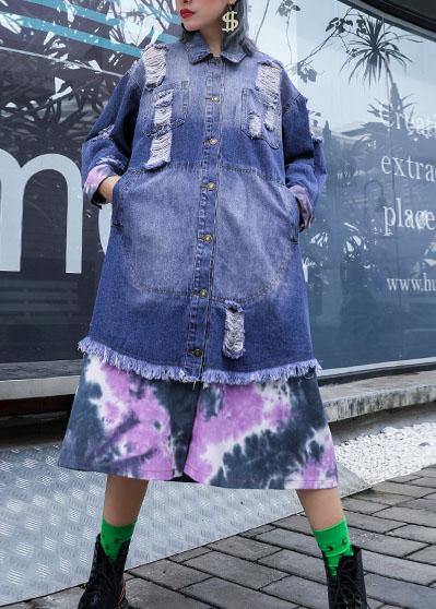 Style Denim Blue Patchwork Fine Tunics for Fabrics Ripped Fall Jackets