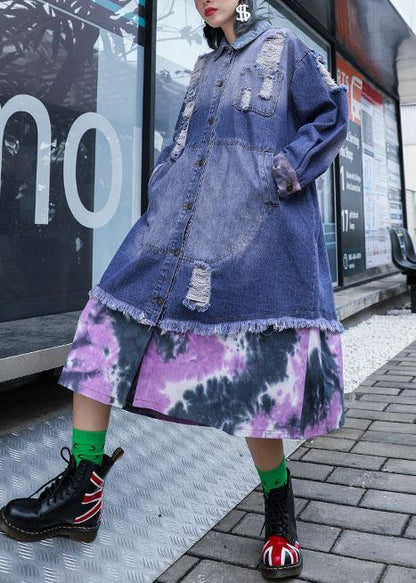 Style Denim Blue Patchwork Fine Tunics for Fabrics Ripped Fall Jackets