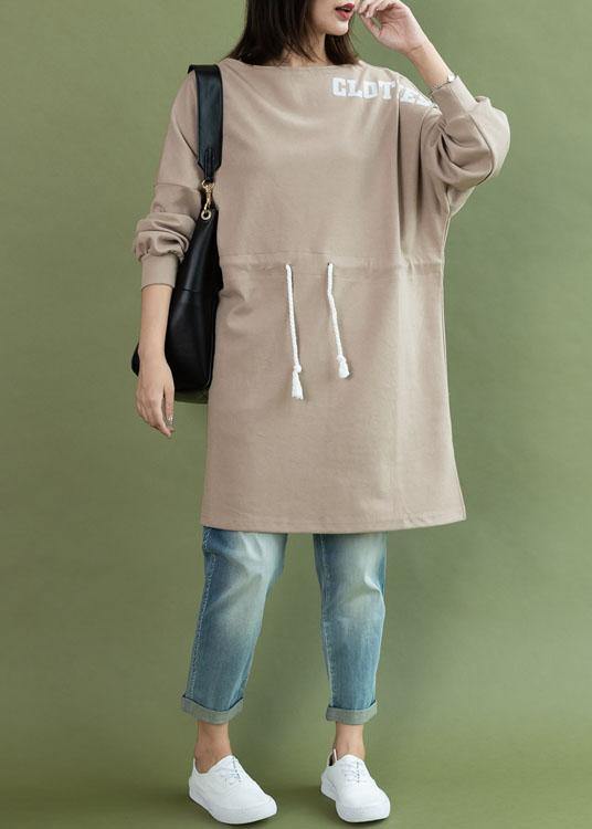 Style Drawstring Side Open Cotton Quilting Dress Khaki Dress Fall