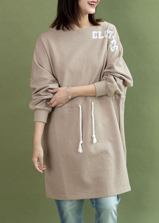 Style Drawstring Side Open Cotton Quilting Dress Khaki Dress Fall