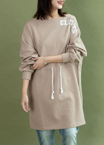 Style Drawstring Side Open Cotton Quilting Dress Khaki Dress Fall