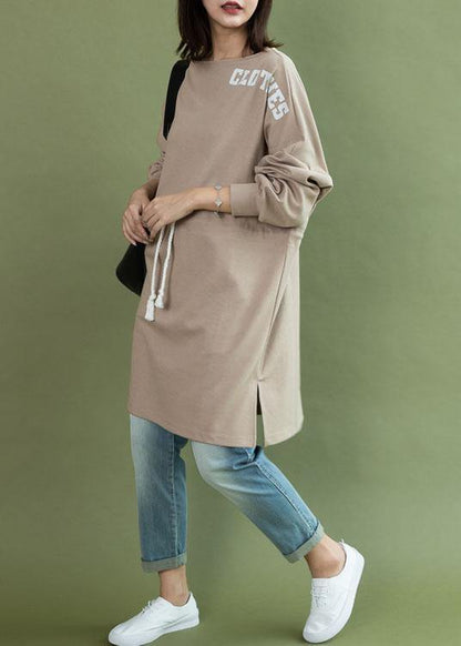 Style Drawstring Side Open Cotton Quilting Dress Khaki Dress Fall