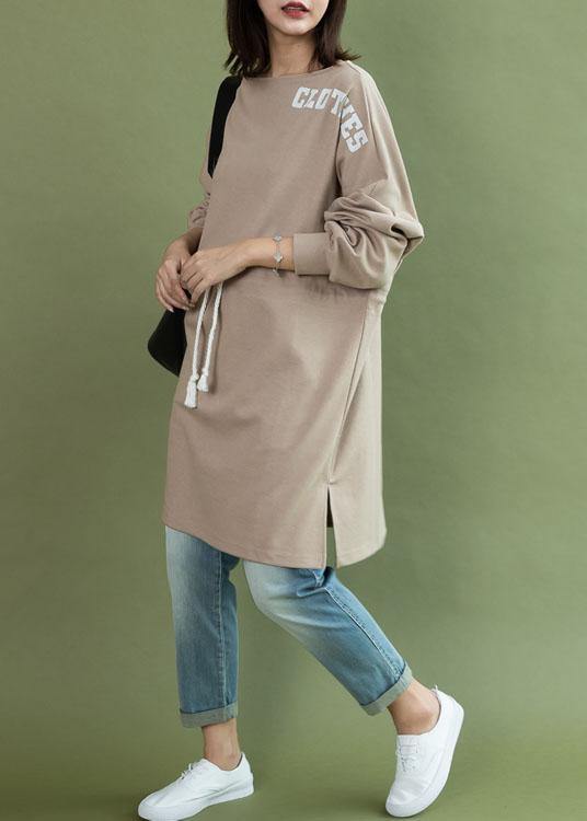 Style Drawstring Side Open Cotton Quilting Dress Khaki Dress Fall