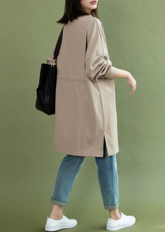 Style Drawstring Side Open Cotton Quilting Dress Khaki Dress Fall