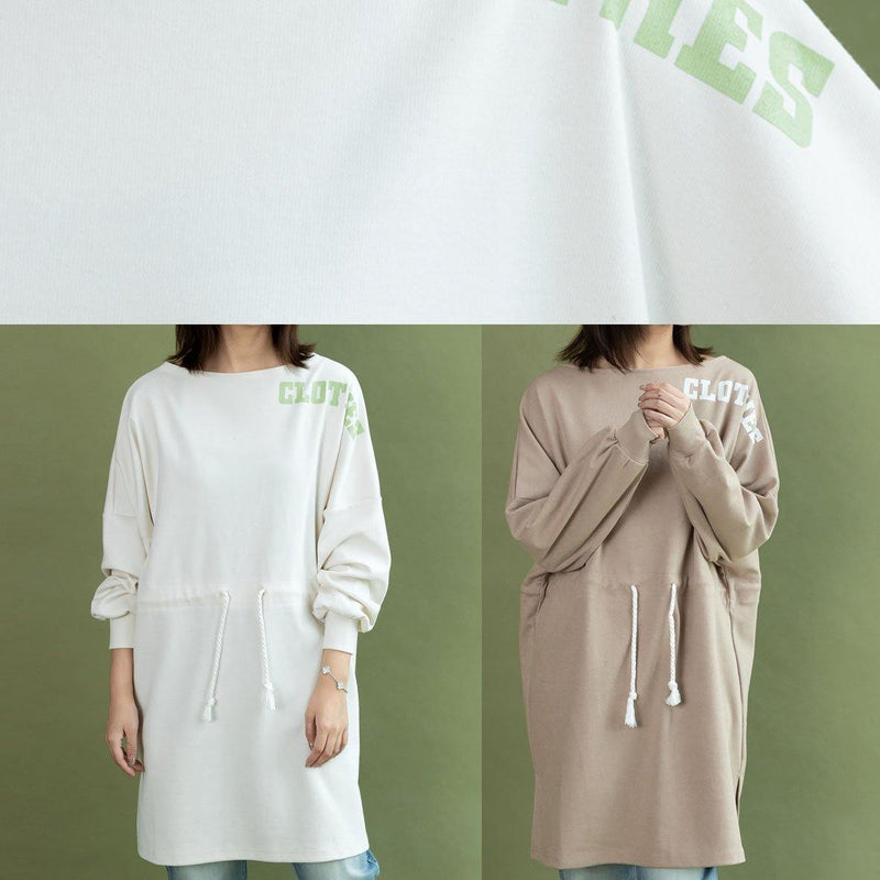 Style Drawstring Side Open Cotton Quilting Dress Khaki Dress Fall