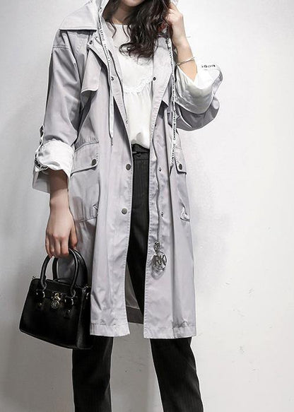 Style Gray Tunic Coat Work Outfits Hooded Drawstring Coat