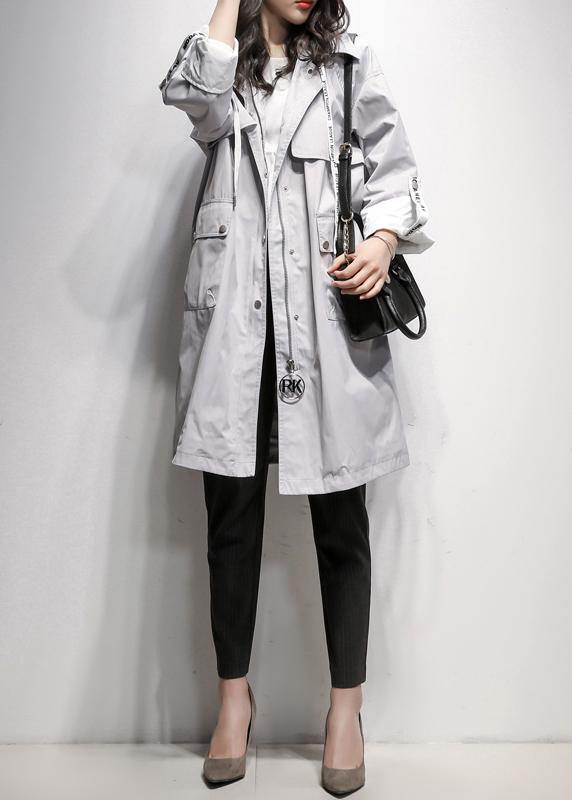 Style Gray Tunic Coat Work Outfits Hooded Drawstring Coat