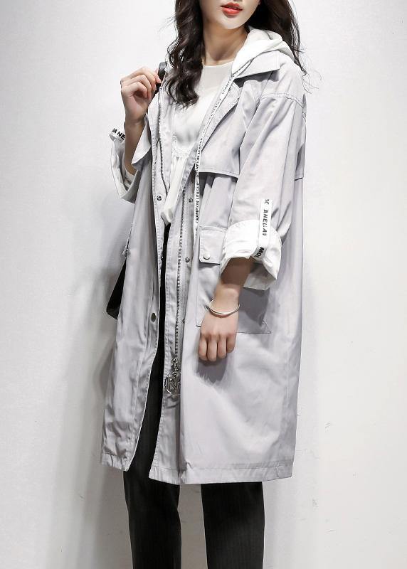 Style Gray Tunic Coat Work Outfits Hooded Drawstring Coat