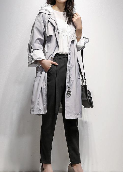 Style Gray Tunic Coat Work Outfits Hooded Drawstring Coat