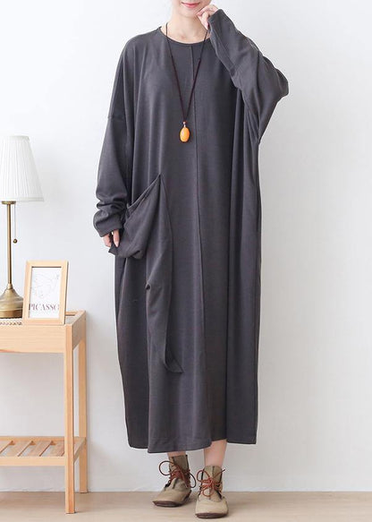 Style Gray Clothes Pockets Loose O Neck Dress