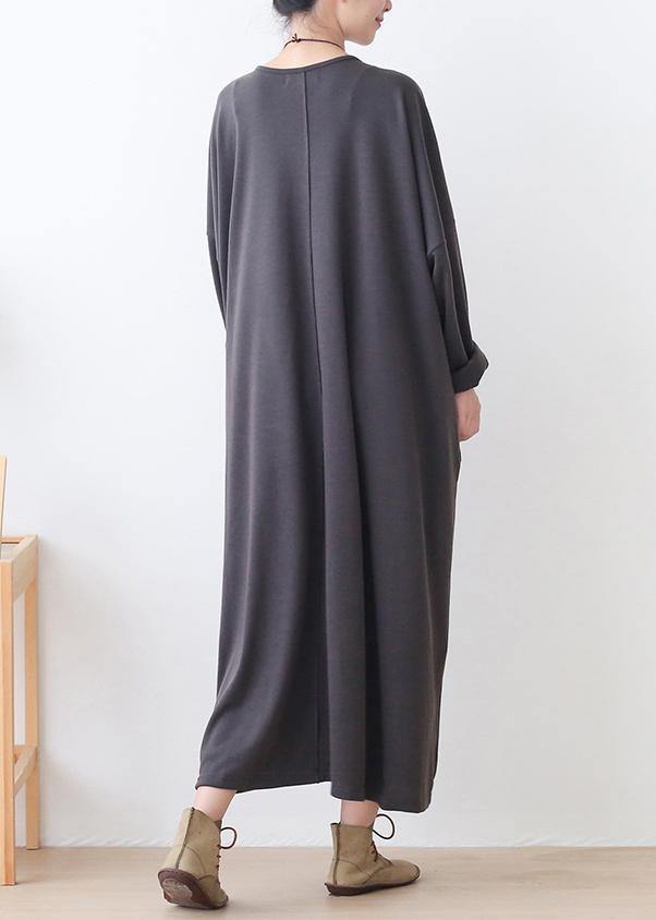 Style Gray Clothes Pockets Loose O Neck Dress