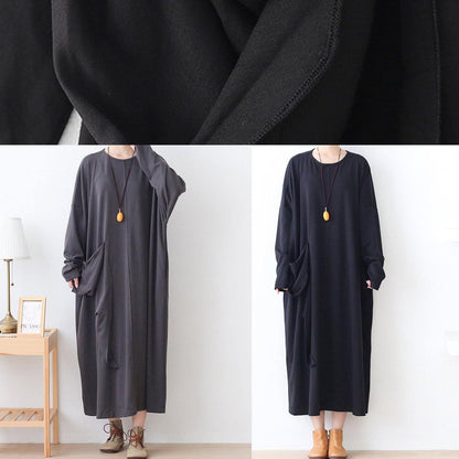 Style Gray Clothes Pockets Loose O Neck Dress