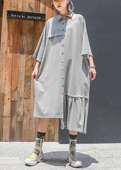 Style Gray Cotton Clothes Lapel Cinched Long Asymmetric Summer Dresses