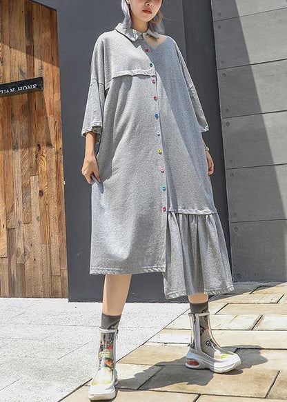 Style Gray Cotton Clothes Lapel Cinched Long Asymmetric Summer Dresses